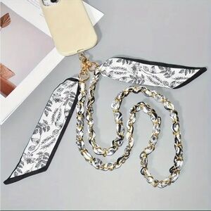528. Navy Blue and White Leaf Print Scarf & Chain Phone Lanyard